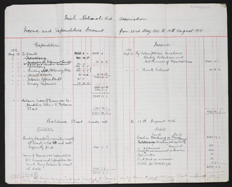 Income and expenditure account from 23rd May to 19th August 1916,