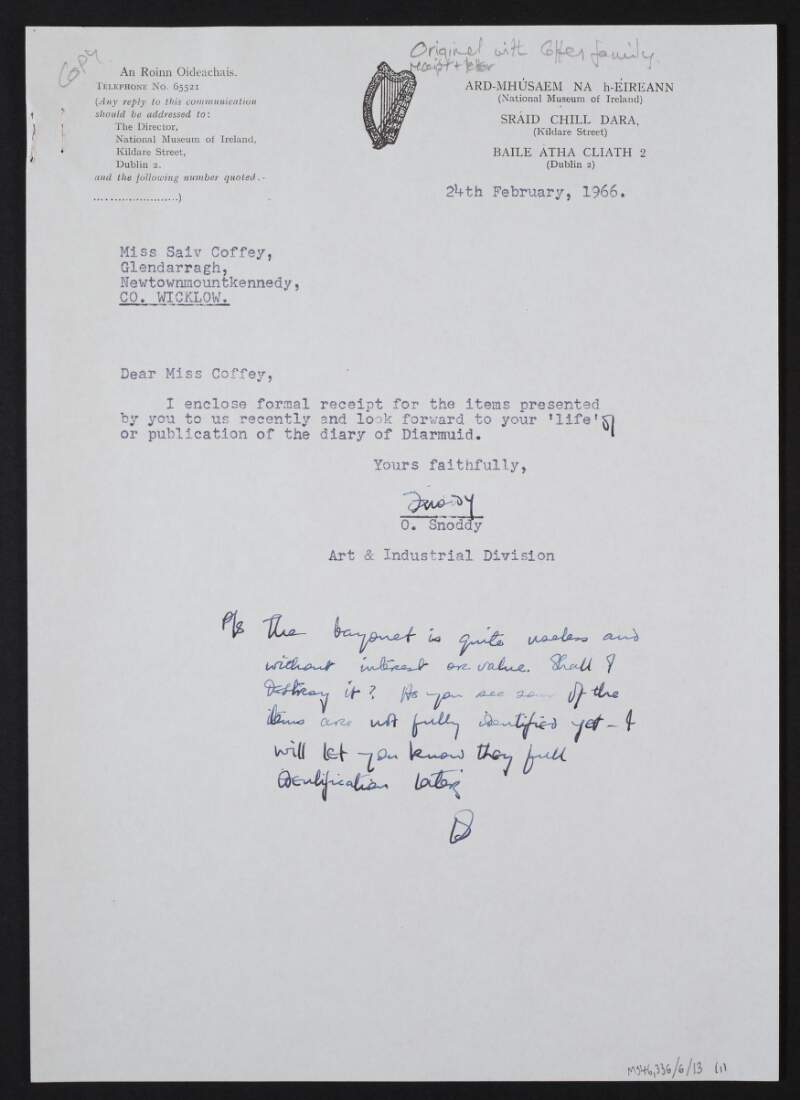 Letter from Oliver Snoddy of National Museum of Ireland to Saive Coffey regarding a receipt attached and publication of the diary of Diarmid Coffey,