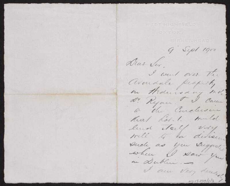 Letter from unidentified person to John Redmond regarding land at the Avondale property, Co. Wicklow,