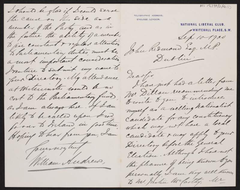 Letter from William Andrews to John Redmond offering himself as a candidate for any constituency,