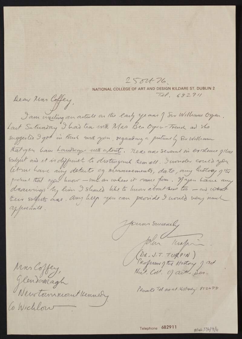 Letter from John Turpin of National College of Art and Design to Saive Coffey enquiring about a William Orpen painting,