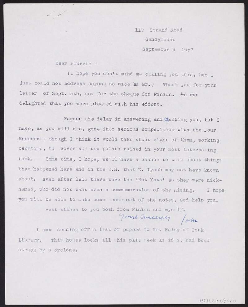 Letter from Sidney Gifford Czira to Florence O'Donoghue providing personal information she obtained relating to the Easter Rising, 1913 Lockout, and World War 1,