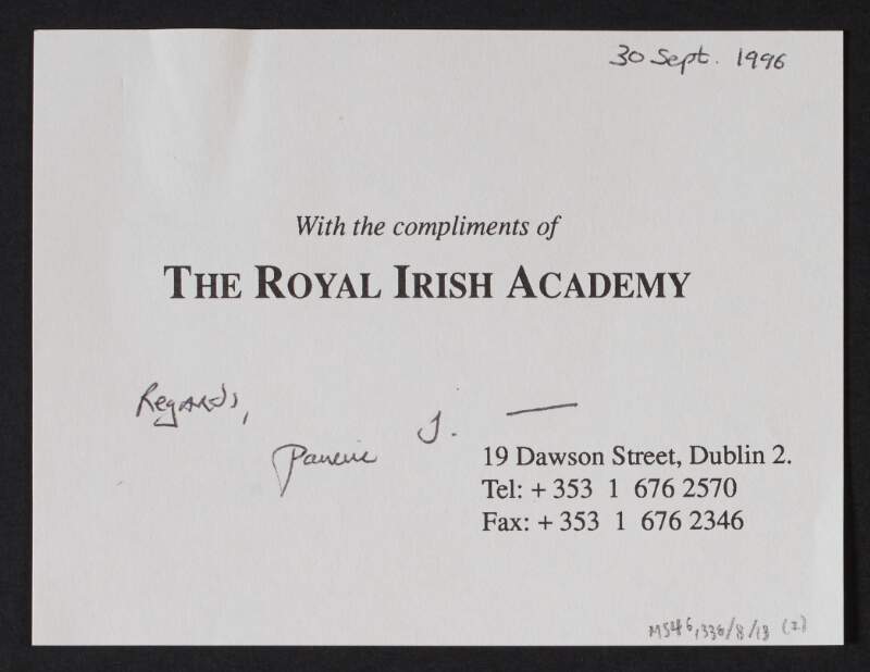 Letter from Pauric J. Dempsey of Royal Irish Academy to Saive Coffey regarding newspaper articles about the Senate with note attached,