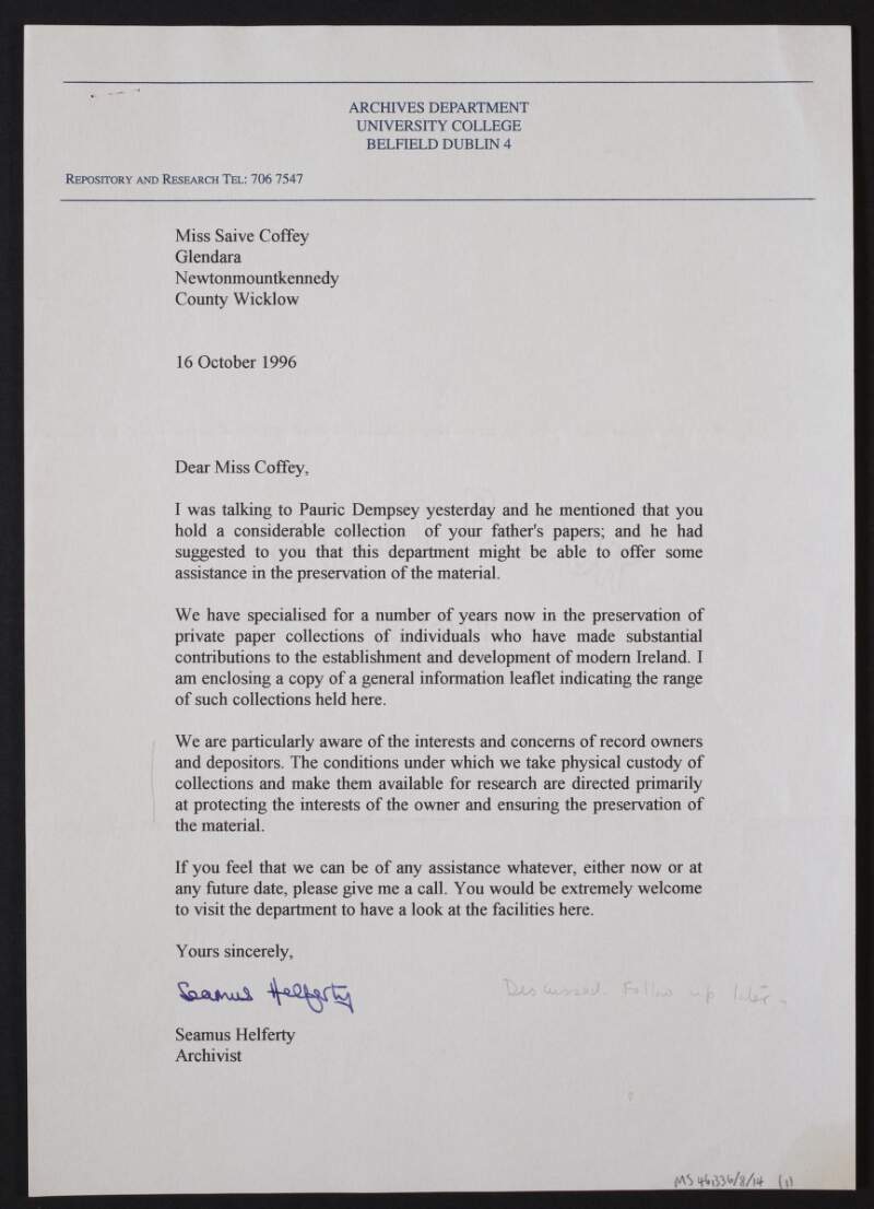 Letter from Seamus Helferty of University College Dublin to Saive Coffey providing information regarding preservation of private collections by the university,