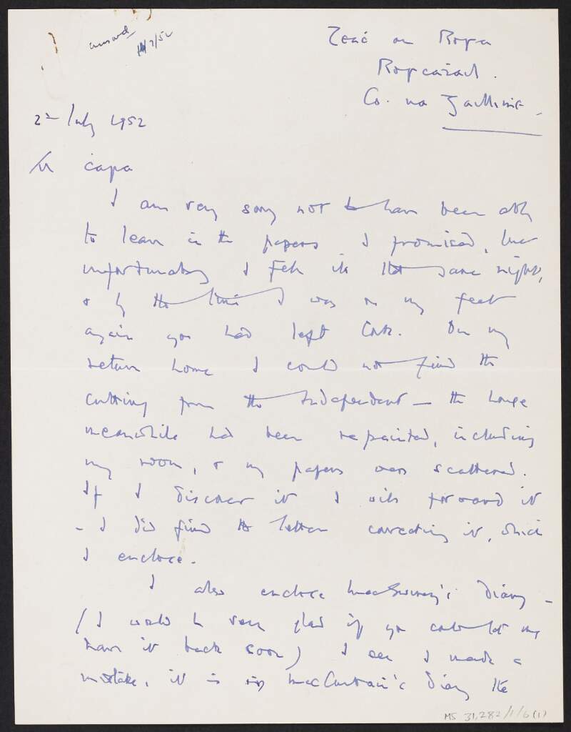 Letter from Moirin Cheavasa to Florence O'Donoghue regarding research into the surrender of arms by the Cork Brigade, Irish Volunteers, during the Easter Rising,