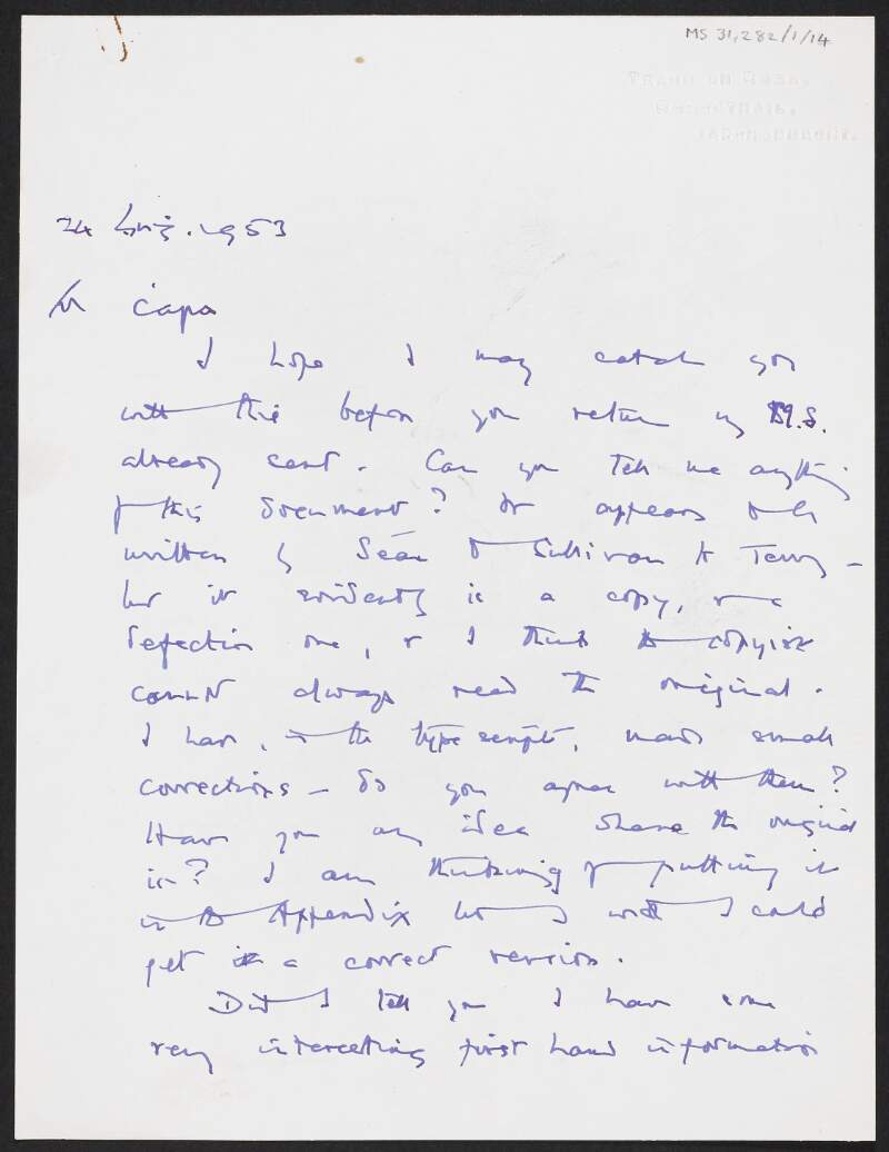 Letter from Moirin Cheavasa to Florence O'Donoghue regarding researching and finishing her book,