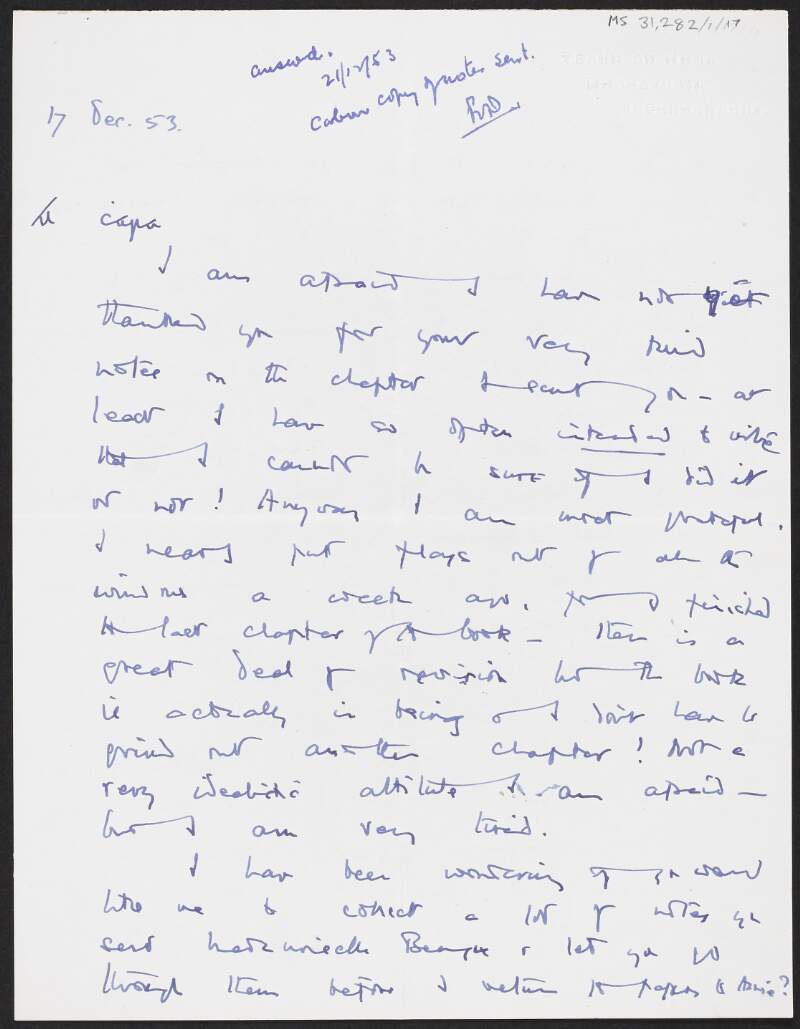 Letter from Moirin Cheavasa to Florence O'Donoghue expressing gratitude for feedback O'Donoghue has provided on her book which she has finished,