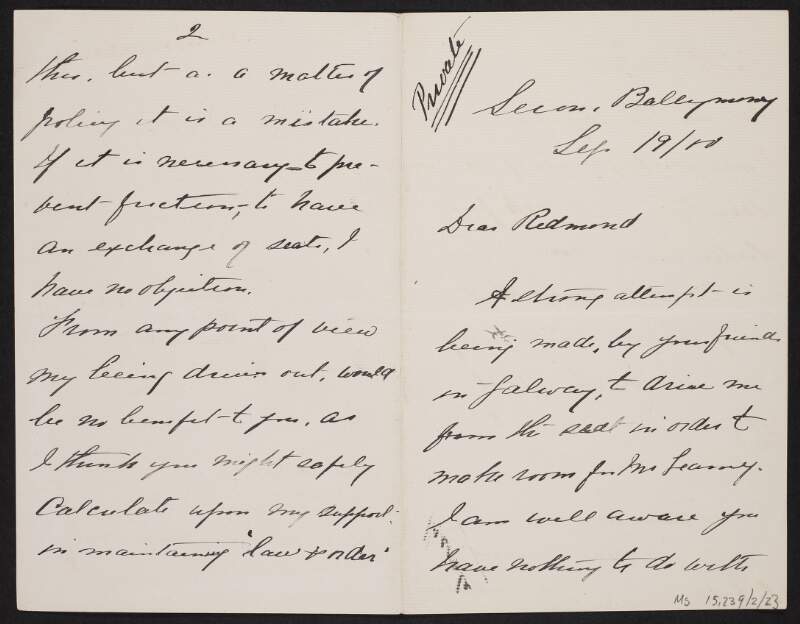 Letter from John Pinkerton to John Redmond regarding efforts made by Redmond's friends to drive him from his seat in Galway,