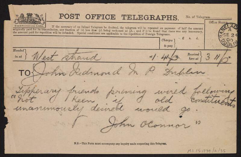 Telegram from John O'Connor to John Redmond referring to Tipperary constituents,
