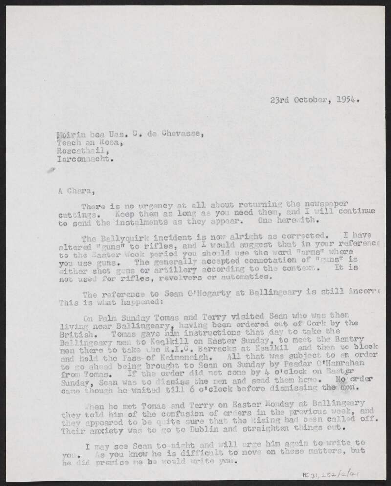 Copy letter from Florence O'Donoghue to Moirin Cheavasa providing Cheavasa advice and corrections for her book on Terence MacSwiney,
