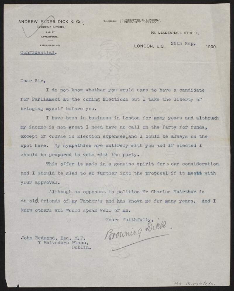 Letter from Browning Dick to John Redmond offering to stand as a candidate in the election,