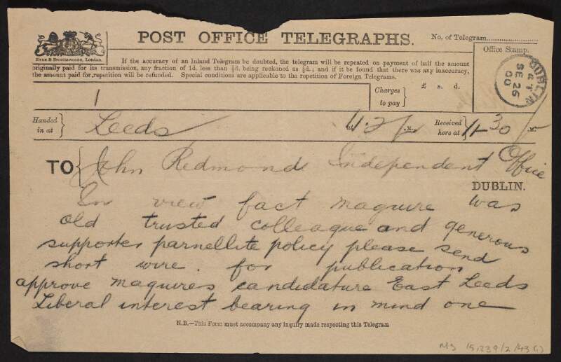 Telegram from unidentified person to John Redmond requesting approval for a candidate in East Leeds,
