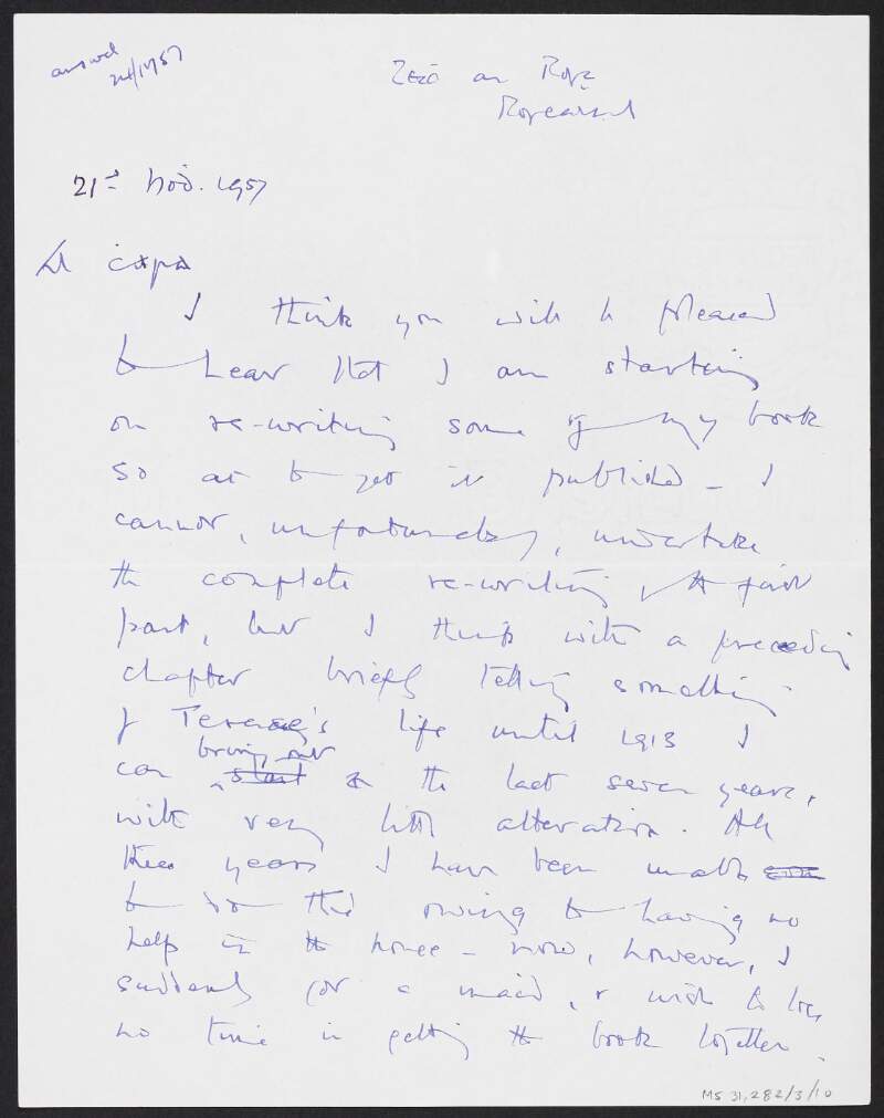 Letter from Moirin Cheavasa to Florence O'Donoghue regarding recommencing work on her book on Terence MacSwiney,