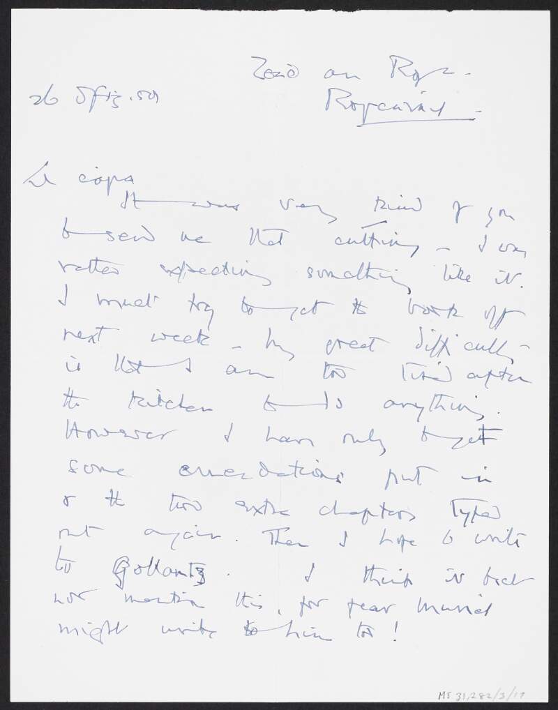 Letter from Moirin Cheavasa to Florence O'Donoghue expressing gratitude for a cutting, and regarding the publication of her book on Terence MacSwiney,