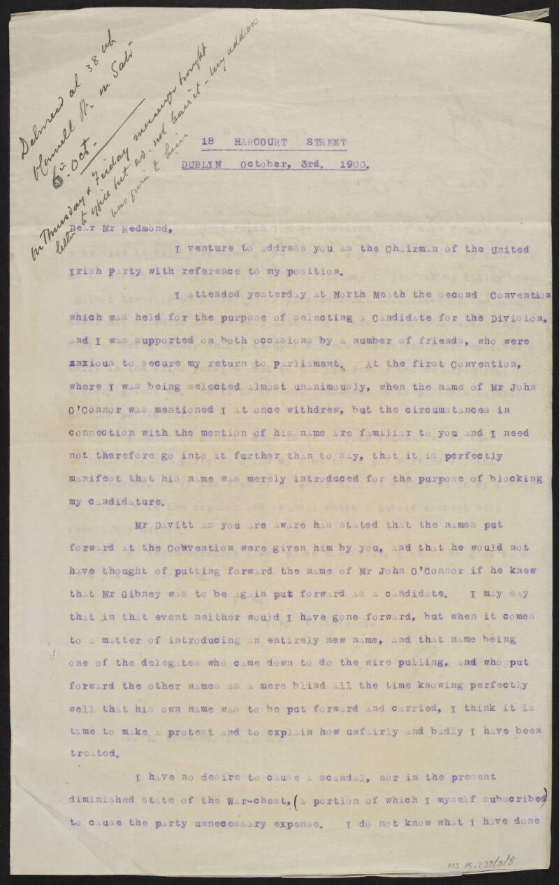 Letter from unidentified person to John Redmond regarding the harsh treatment he received at the convention held to select a candidate for North Meath,