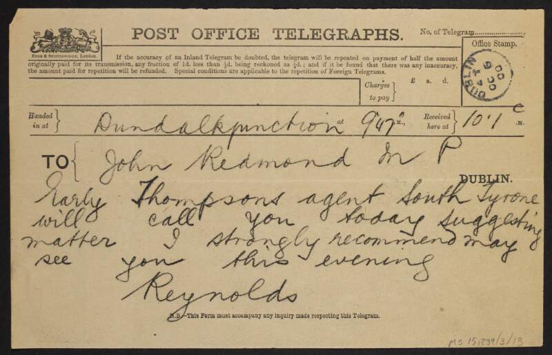 Telegram from unidentified person to John Redmond regarding the South Tyrone contest,