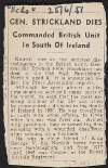 Newspaper cutting from the 'Evening Echo' titled "General Strickland Dies: Commanded British Unit In South of Ireland",