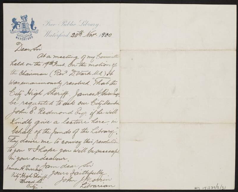Letter from John J. Morrin, Librarian, Free Public Library, Co. Waterford, to John Redmond inviting him to give a lecture,