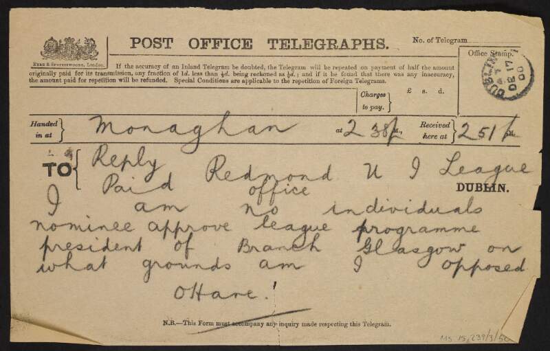 Telegram from unidentified person to John Redmond regarding the Glasgow branch of the United Irish League,