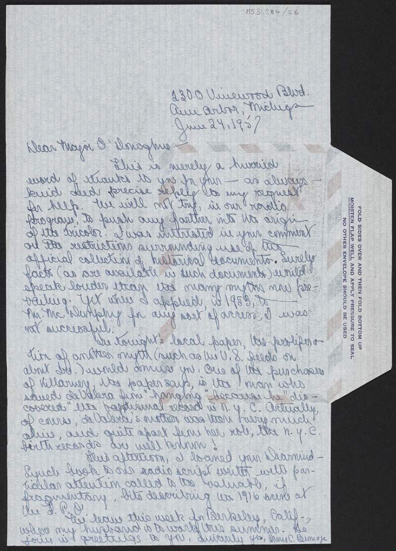 Letter from Mary C. Bromage to Florence O'Donoghue expressing gratitude to O'Donoghue for providing information on the Irish flag, and regarding O'Donoghue's book 'The I.R.B. and the 1916 Rising',