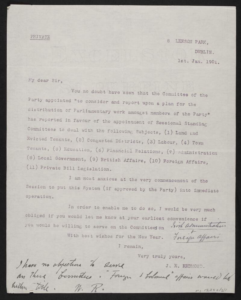 Circular letter from John Redmond regarding the appointment of sessional standing committees, with annotations,