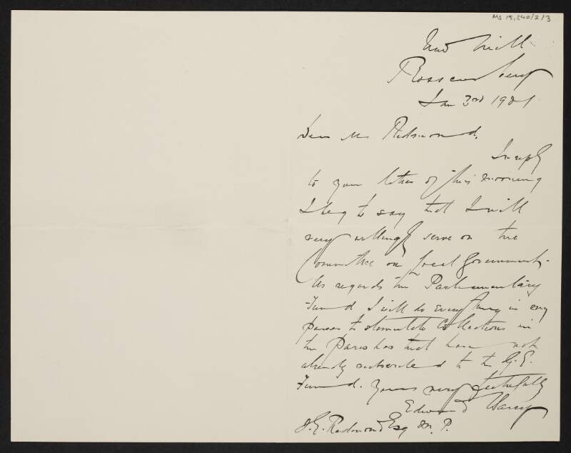 Letter from unidentified person to John Redmond noting that he is willing to serve on the committee on local government,