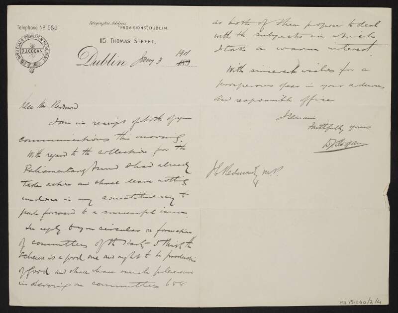 Letter from unidentified person to John Redmond regarding a collection for the parliamentary fund and his approval of Redmond forming a committee,