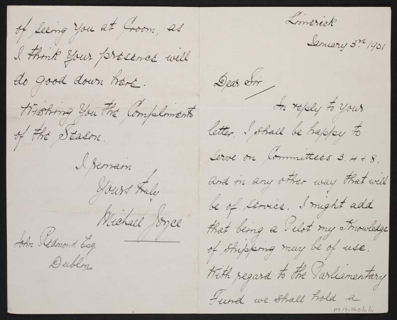 Letter from Michael Joyce to John Redmond agreeing to serve on standing committees,