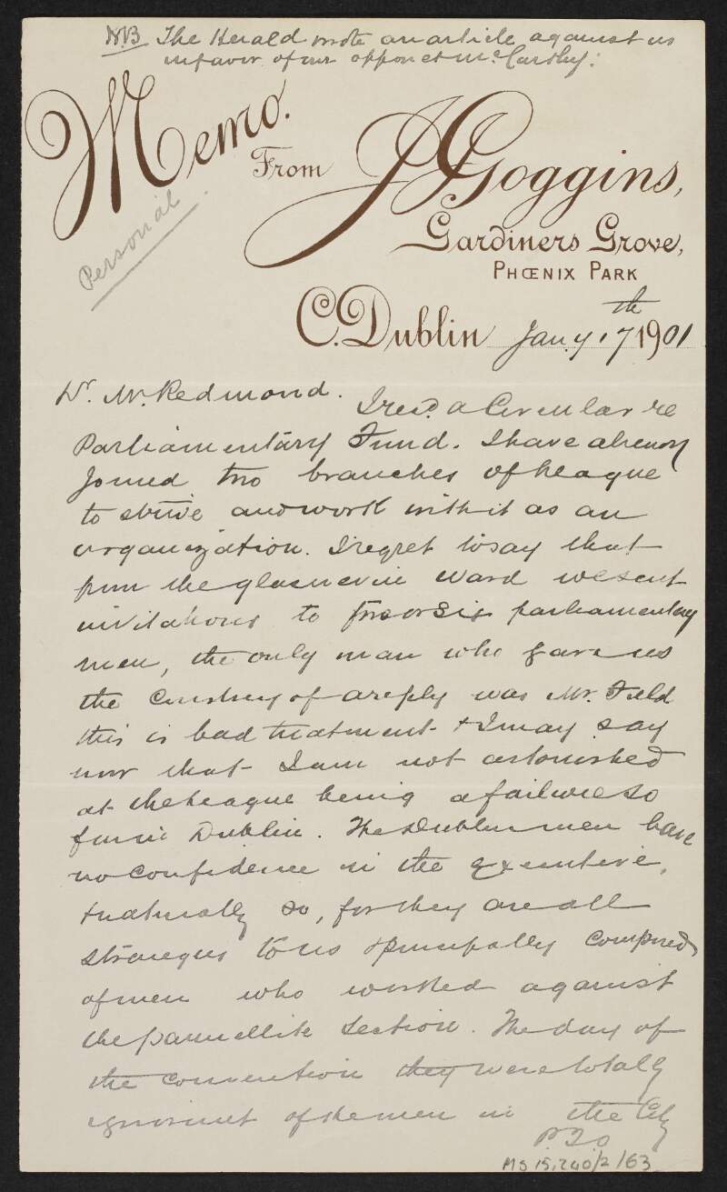 Letter from unidentified person to John Redmond regarding the Parliamentary Fund,