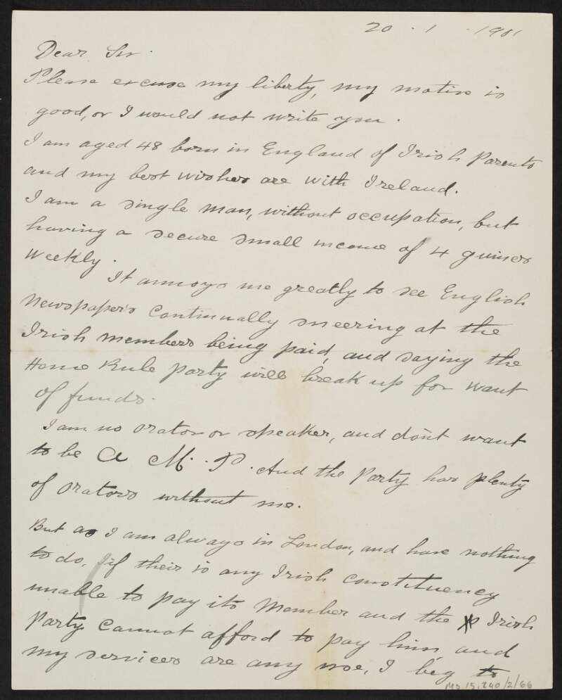 Letter from John Peter to John Redmond offering his servies to the Irish Parliamentary Party,