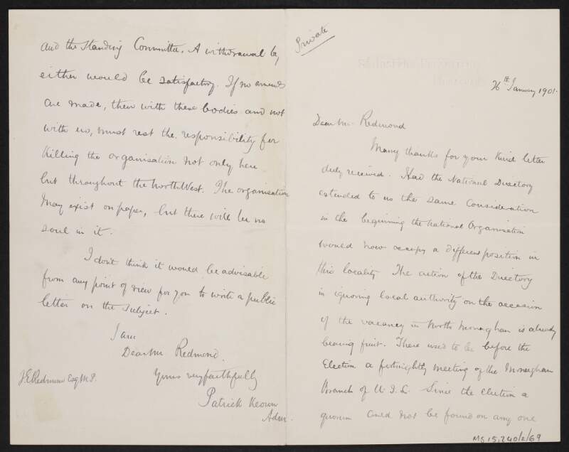 Letter from Patrick Keown to John Redmond regarding the United Irish League in North Monaghan,