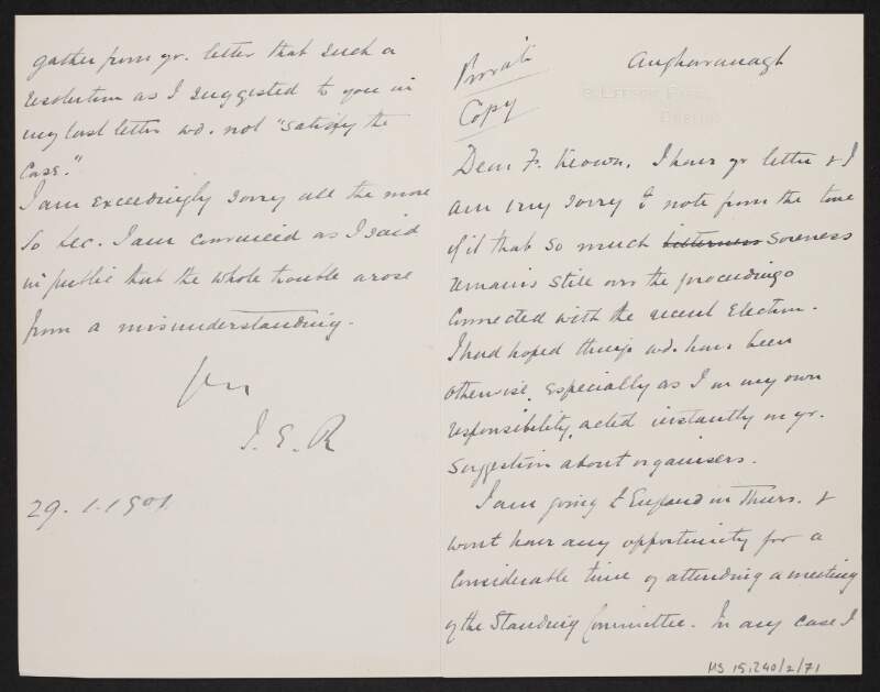 Copy letter from John Redmond to Patrick Keown apologising for proceedings connected with the recent election,
