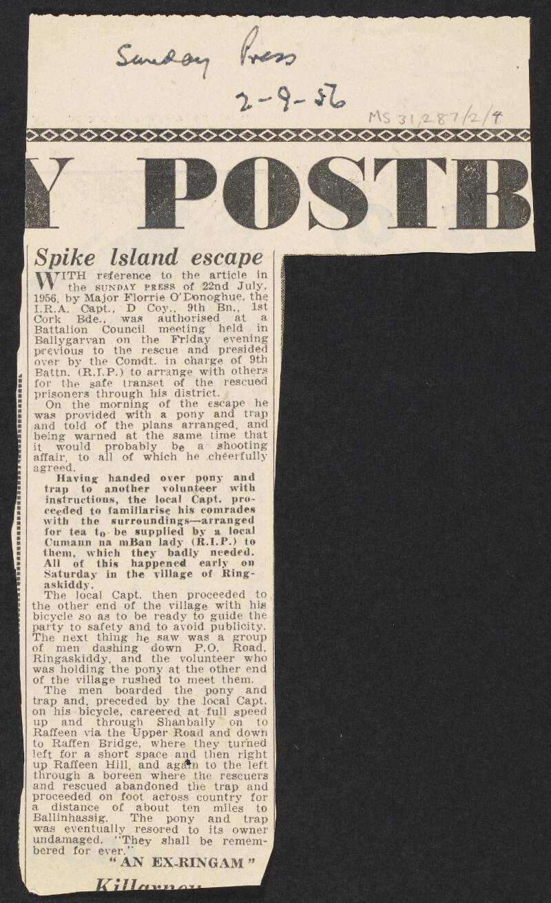 Newspaper cutting of an article regarding Florence O'Donoghue's account of the Spike Island escape during the Irish War of Independence,