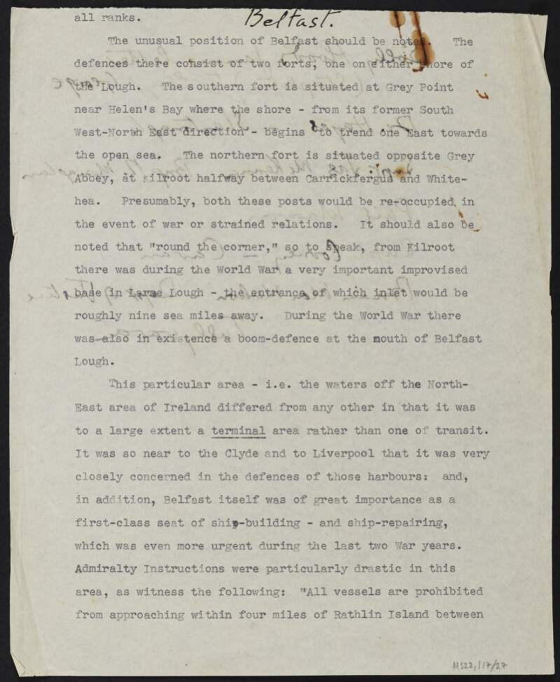 Notes titled "Belfast" with a list of names on verso,