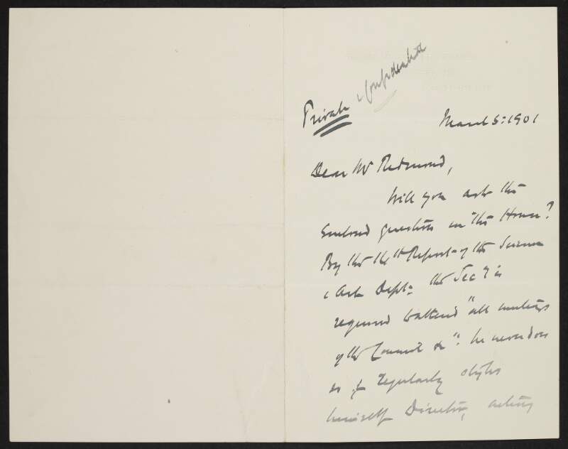 Letter from W. F. Barrett to John Redmond requesting he asks a question in the House of Commons regarding the Secretary of the Agriculture Department,