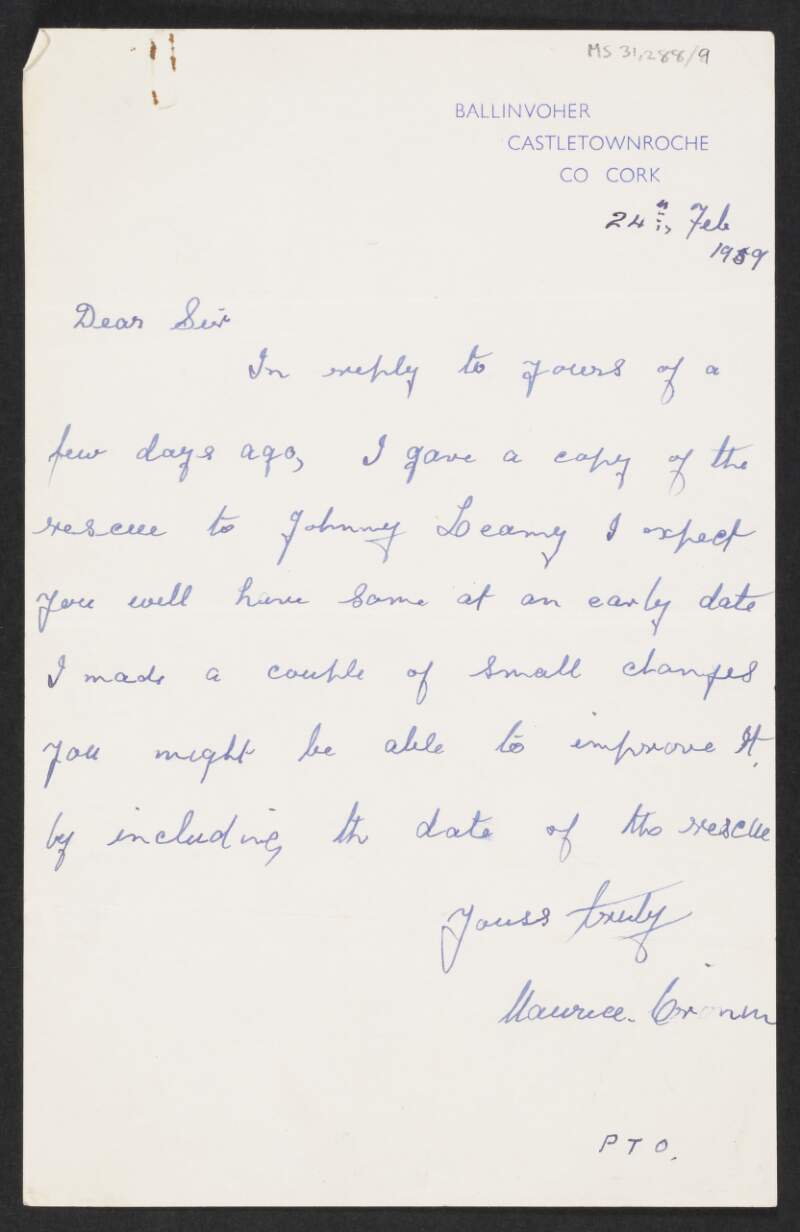 Letter from Maurice Cronin to Florence O'Donoghue regarding edits to O'Donoghue's account of  the escape of Johnny Leahy from Kilworth Camp during the Irish War of Independence,