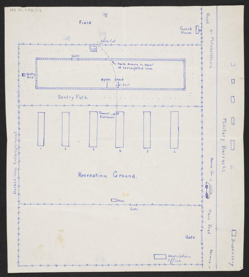 Plan of Kilworth Camp during the Irish War of Independence with directions on how to enter the prison unofficially,