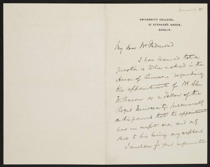 Letter from William Delany to John Redmond regarding the appointment of John W. Bacon, and enclosing a copy of a letter from Delany to George Wyndham, Chief Secretary,