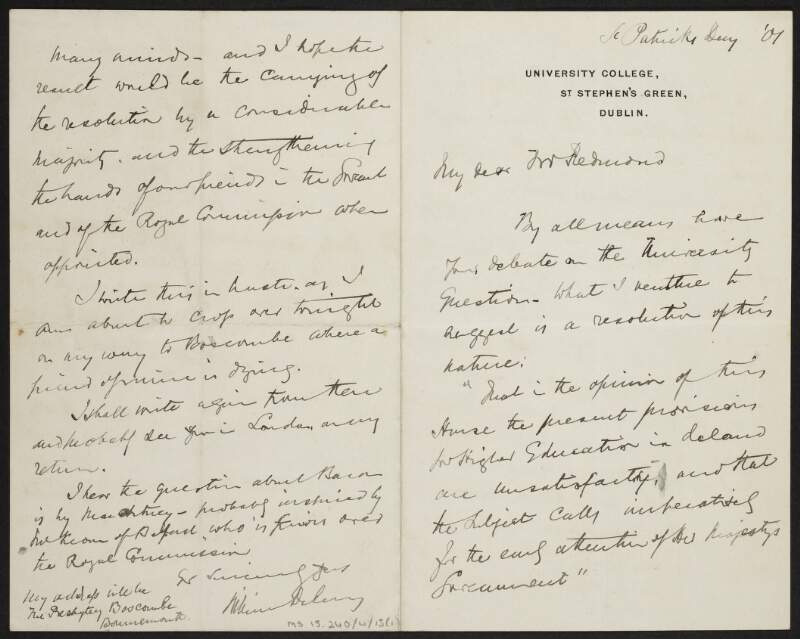 Letter from William Delany to John Redmond regarding a debate on the University Question,