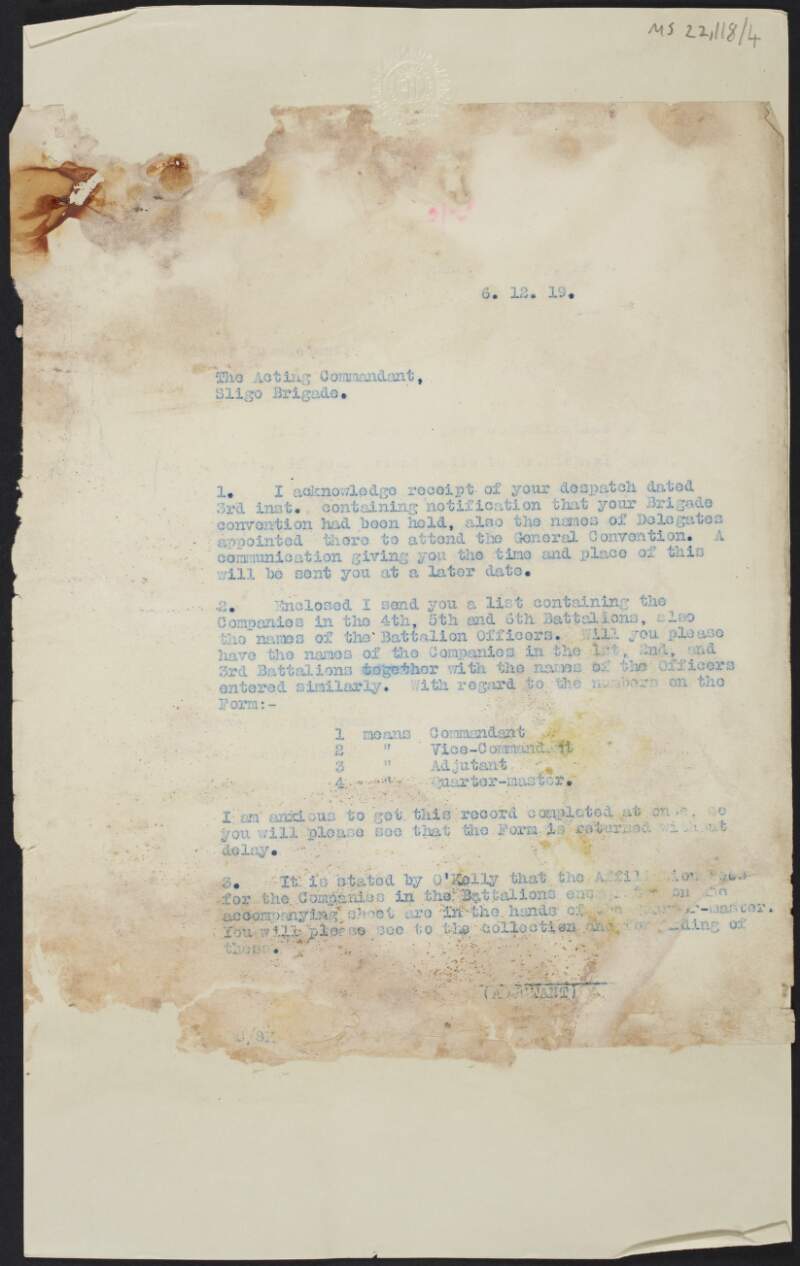 Copy letter from Michael Collins to unidentified person regarding a non-existant list of names of Companies and Battalion Officers,