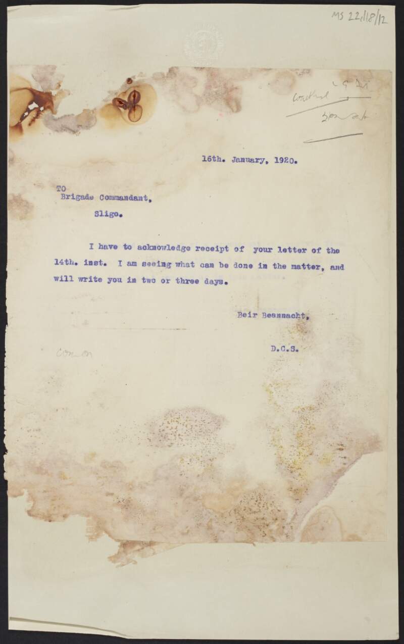 Letter from unidentified author to unidentified recipient, Sligo, acknowledging receipt of a letter,