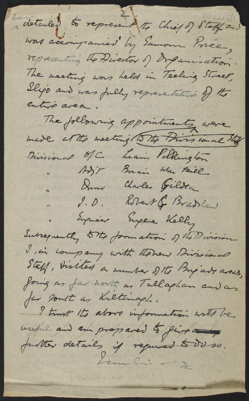 Partial letter from unidentified author regarding a meeting held in Sligo,