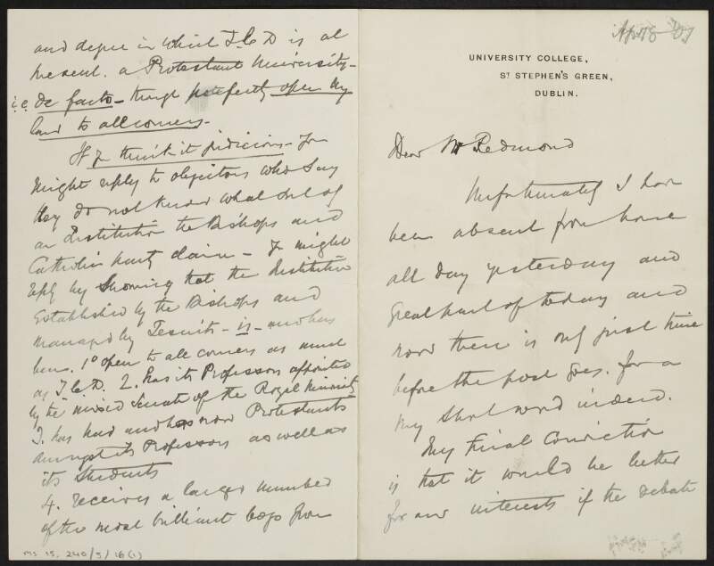 Letter from William Delany to John Redmond regarding his desire that a debate on the establishment of a Catholic University not take place,