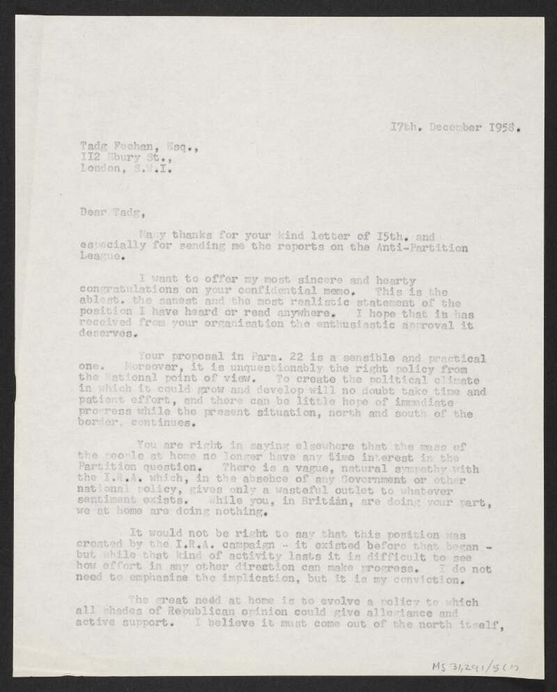 Copy letter from Florence O'Donoghue to Tadhg Feehan, Anti-Partition of Ireland League (Britain), regarding strategies to obtain the objectives of the Anti-Partition of Ireland League,