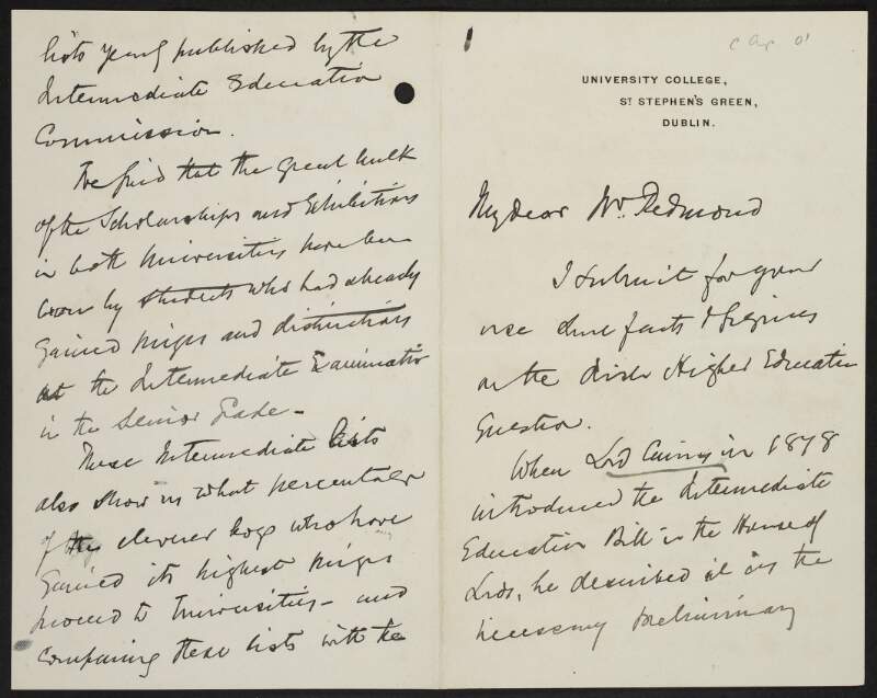 Letter from William Delany to John Redmond regarding the operation of the Intermediate Education Act and the University Question,