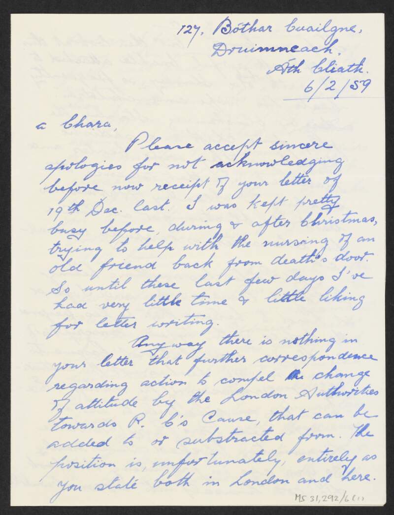 Letter from Frank Dunne to Florence O'Donoghue regarding strategies for the campaign to the repatriate the body of Roger Casement,