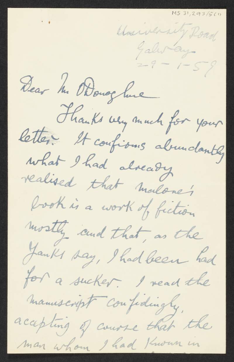 Letter from Liam O'Briain to Florence O'Donoghue regarding inaccuracies in Séamas Ó Maoileóin's book 'B'fhiú an braon fola' ['The drop of blood was worth it'] relating to the Irish War of Independence in Cork,
