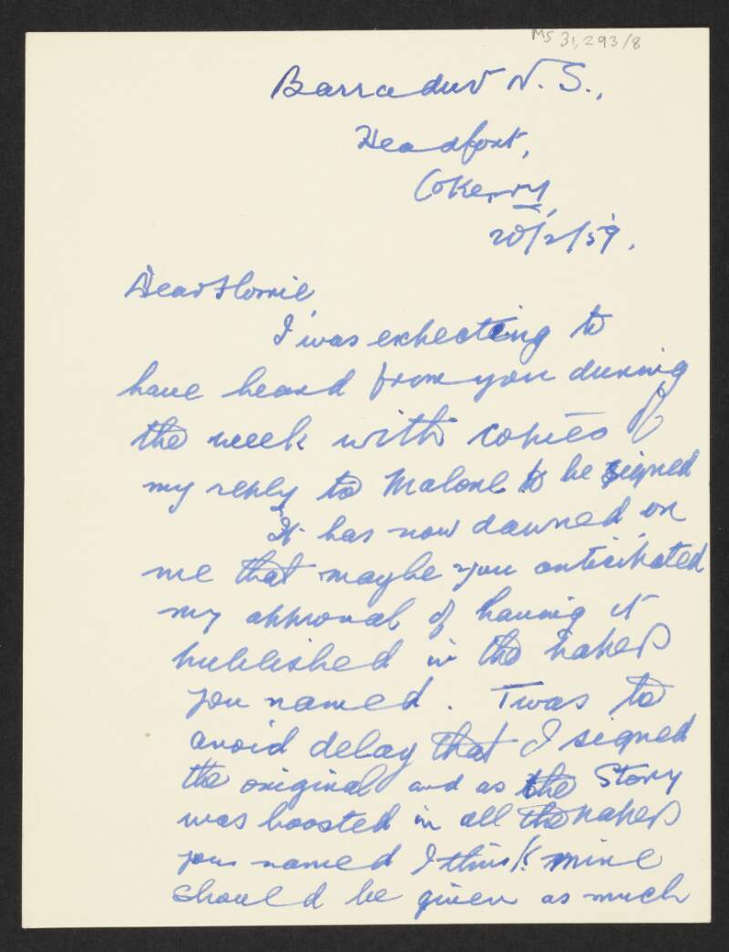 Letter from Donal J. O'Donoghue to Florence O'Donoghue regarding Donal's reply to Séamas Ó Maoileóin relating Malone's book 'B'fhiú an braon fola' ['The drop of blood was worth it'],