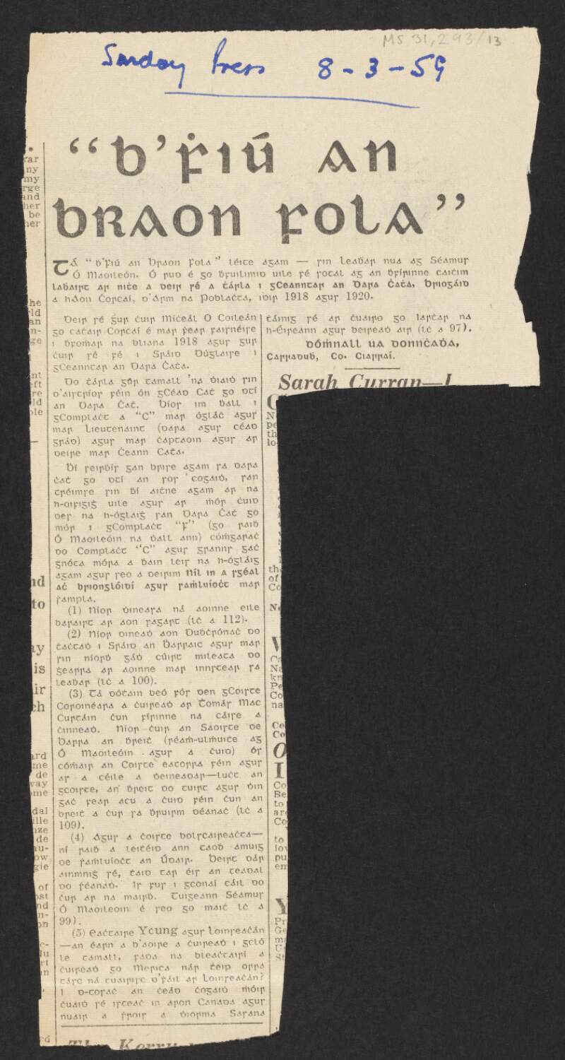 Newspaper cutting from the 'Sunday Press' of Donal O'Donoghue's letter relating to Séamas Ó Maoileóin's book 'B'fhiú an braon fola' ['The drop of blood was worth it'],