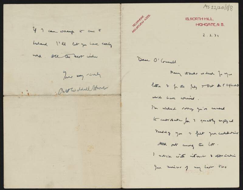 Letter from Basil Henry Liddell Hart to J.J. O'Connell regarding a book,